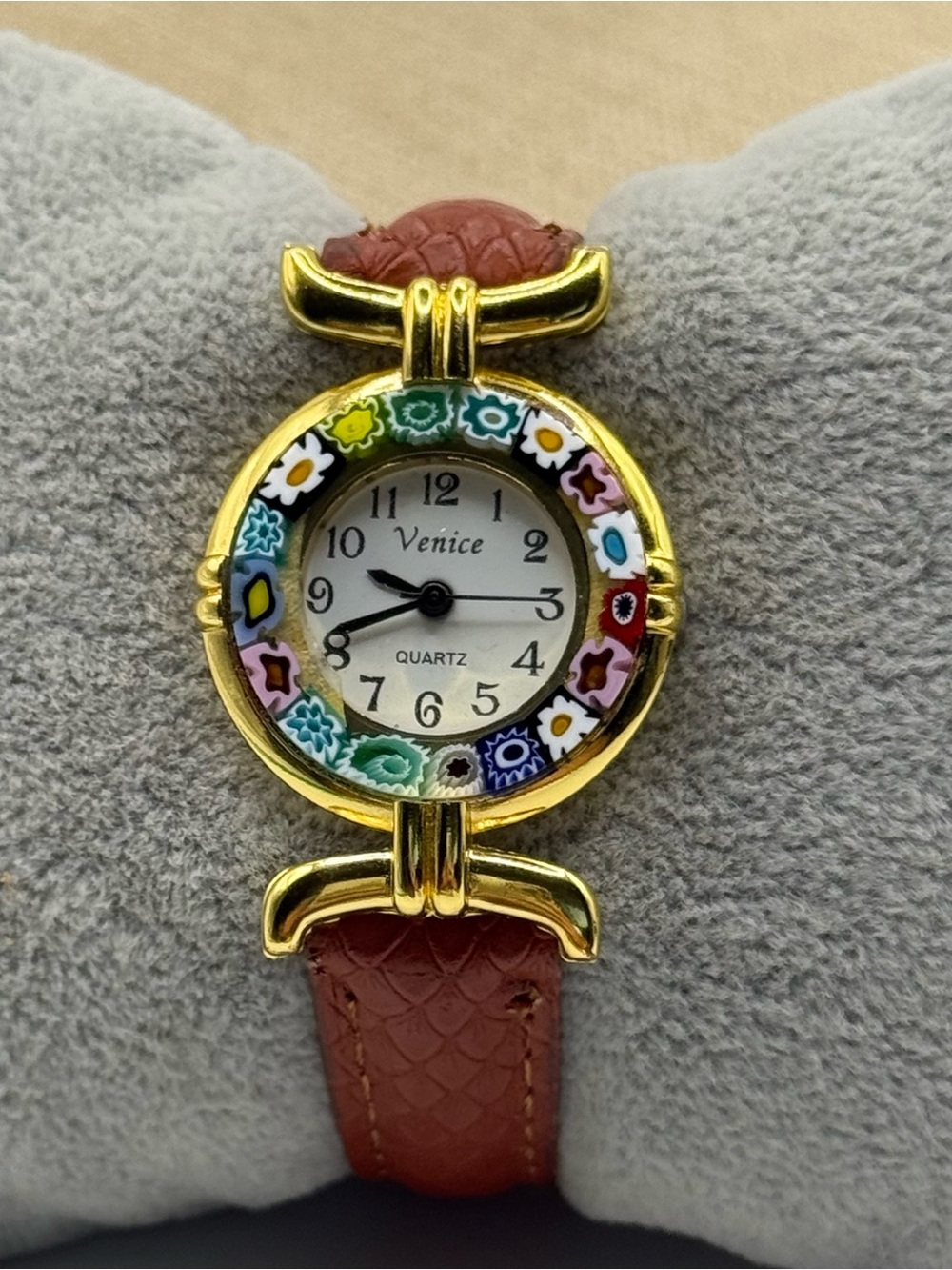 Venice Italy Gold-Tone Millefiori Floral Dial Watch with Brown Leather Strap